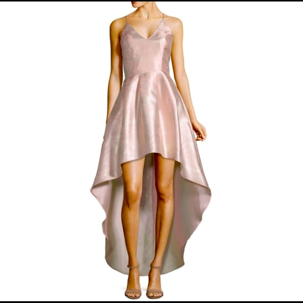 Glamorous metallic pink high low prom dress.